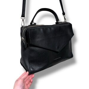 LANCASTER Paris Italian Black Pebbled Leather Work Bag Crossbody Zip Purse Tote
